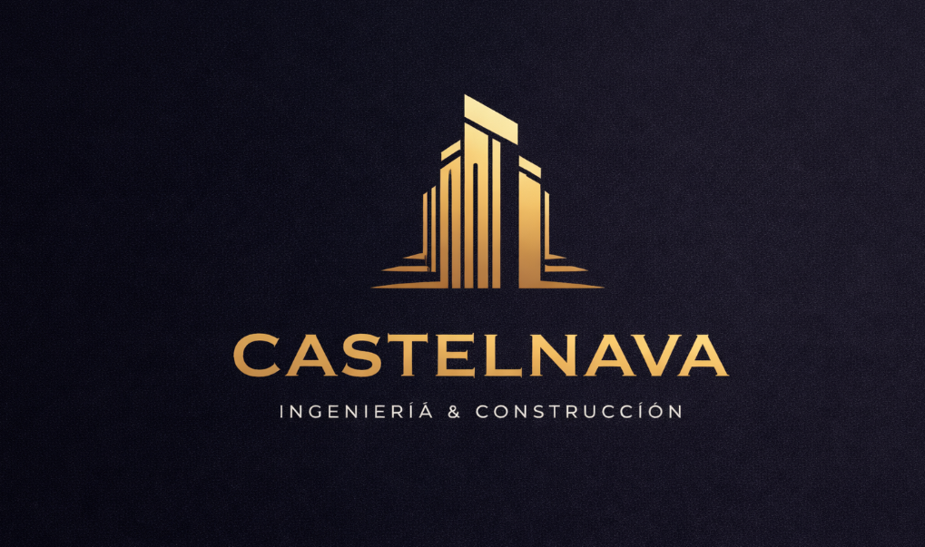 Castelnava — Ingeniería y Construcción. Logotipo dorado con silueta de edificios sobre fondo oscuro.